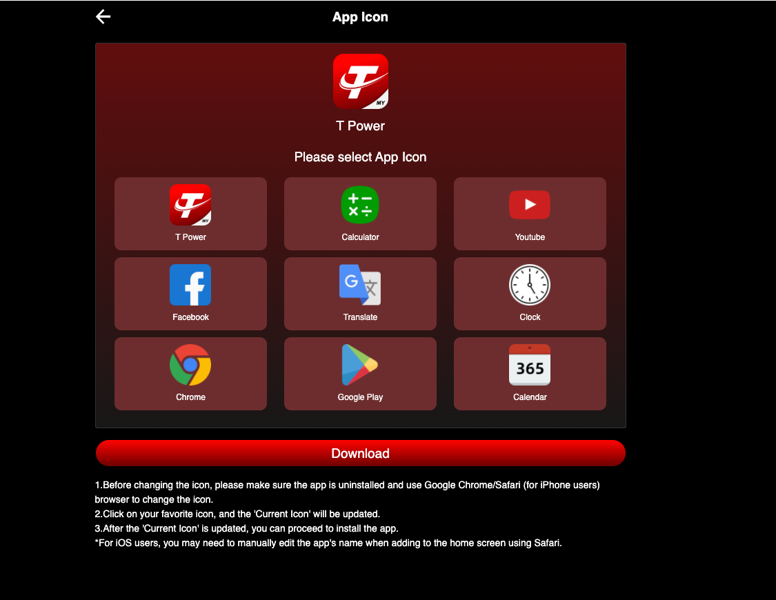 Official App Icon selection screen